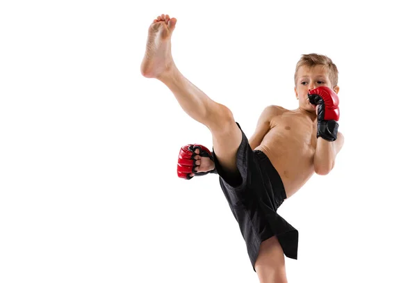 足蹴り 小さな男の子 スポーツショットの子供 白いスタジオの背景にタイのボクシングを練習手袋 ママの初心者戦闘機 スポーツ 運動の概念 スペースのコピー — ストック写真