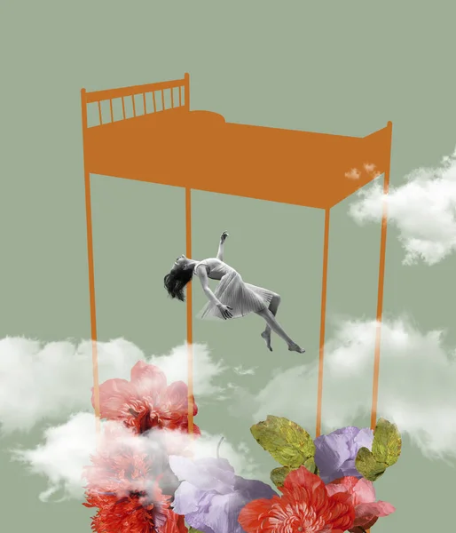 Χρωματικά Οράματα Νεαρή Γυναίκα Πετάει Και Πετάει Στα Όνειρα Και — Φωτογραφία Αρχείου