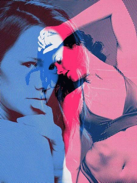 Hoop Womans Portret Met Glitch Duotone Effect Kleurrijke Halve Toon — Stockfoto