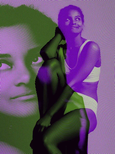 Femminilità Ritratto Donna Con Effetto Glitch Duotone Mezzatinta Colorata Esposizione — Foto Stock