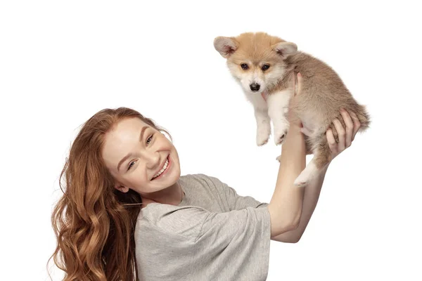 Amada Mascota Chica Joven Pelirroja Alegre Con Pelo Largo Rizado — Foto de Stock