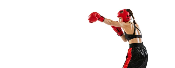 Punching Professional Boxer Boxing Gloves Helmet Training Isolated White Studio — Stock Photo, Image