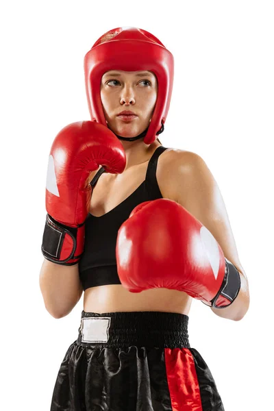 Защита Пику Портрет Профессиональной Женщины Боксера Спортивном Защитном Снаряжении Позирует — стоковое фото