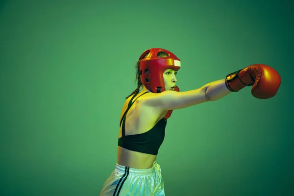 Punching Portrait Professional Female Boxer Sports Protective Equipment Posing Isolated — Stock Photo, Image