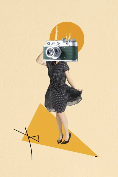 Collage Arte Contemporáneo Mujer Con Estilo Vestido Retro Encabezado Cámara — Foto de Stock
