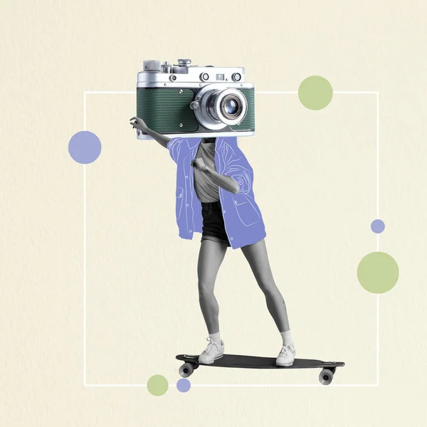 Colagem Arte Contemporânea Menina Elegante Com Cabeça Câmera Retro Movendo — Fotografia de Stock