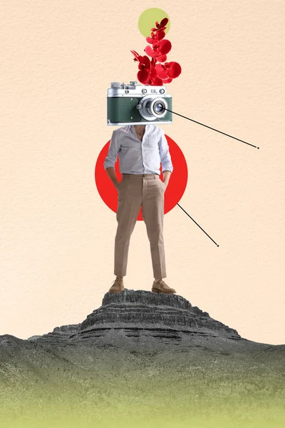 Colagem Arte Contemporânea Homem Elegante Com Cabeça Câmera Retro Pico — Fotografia de Stock