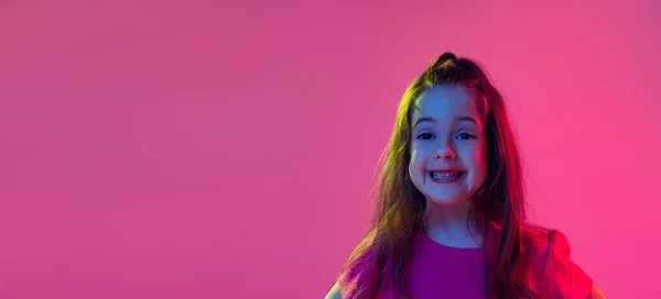 Flyer Portrait Cute Little Girl Kid Wearing Pink Shirt Posing — Stock Photo, Image