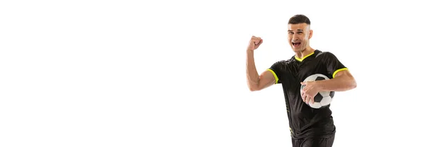 Winnaar Emoties Professionele Mannelijke Voetballer Zwart Voetbal Kit Poseren Met — Stockfoto
