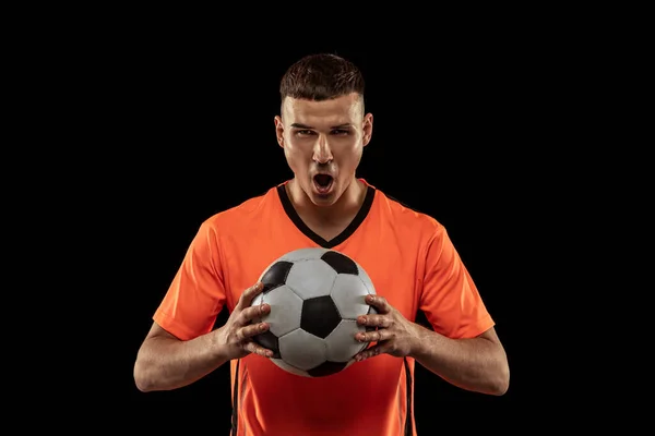 Winnaar Vooraanzicht Camera Van Jonge Mannelijke Voetballer Oranje Blauwe Voetbal — Stockfoto