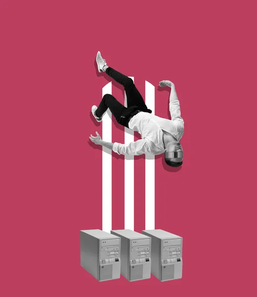 Alvó Ember Rózsaszín Háttérre Zuhan Levitáció Kortárs Művészeti Kollázs Modern — Stock Fotó