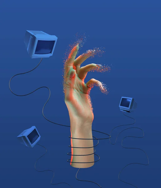 吸毒成瘾 人类的手和飞行的复古计算机隔离在蓝色的背景 当代艺术拼贴和现代设计 创造力和艺术的概念 最低限度主义 — 图库照片