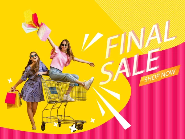 女性爱好 有创意的海报 传单与两个快乐的女孩与购物袋骑在购物车独立的抽象背景 销售概念 黑色星期五 杂志风格 — 图库照片