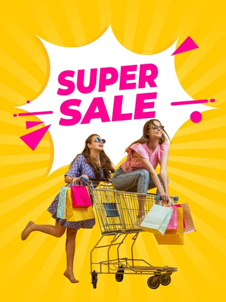 Big sale. Creative poster, flyer with two happy girls with shopping bags ride on shop cart isolated on abstract background. Concept of sales, black friday, discount, emotions. Magazine style
