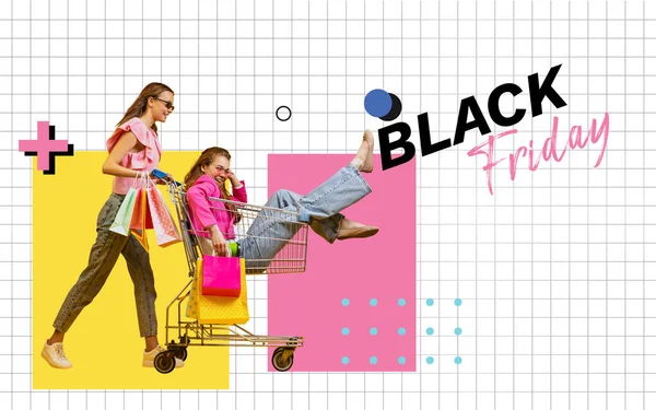 Shopaholics Kreativ Affisch Flygblad Med Två Glada Flickor Med Shoppingväskor — Stockfoto