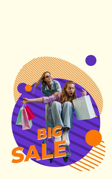 Шок Сюрприз Креативный Плакат Листовка Двумя Счастливыми Девушками Сумками Покупок — стоковое фото