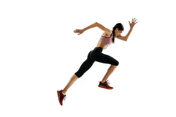 Fuerza Velocidad Joven Mujer Caucásica Corriendo Aislada Sobre Fondo Blanco — Foto de Stock