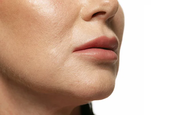 Ossos Rosto Close Mulher Meia Idade Face Inferior Com Primeiras — Fotografia de Stock