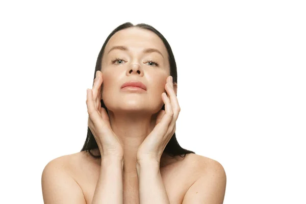Massagem Facial Close Retrato Meia Idade Anos Mulher Bonita Com — Fotografia de Stock