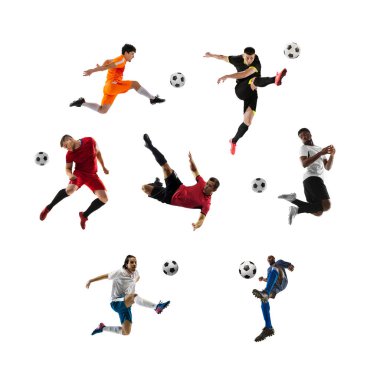 Futbol takımı. Farklı profesyonel sporculardan oluşan bir kolaj, beyaz arka planda izole edilmiş hareket ve harekete hazır insanlar. Spor anlayışı, başarılar, rekabet, şampiyonluk. Poster.