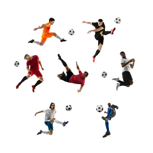 Equipa Futebol Colagem Diferentes Desportistas Profissionais Ajuste Pessoas Ação Movimento — Fotografia de Stock