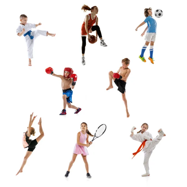 Karate Koszykówka Piłka Nożna Boks Tenis Kolaż Małych Sportowców Wysportowanych — Zdjęcie stockowe