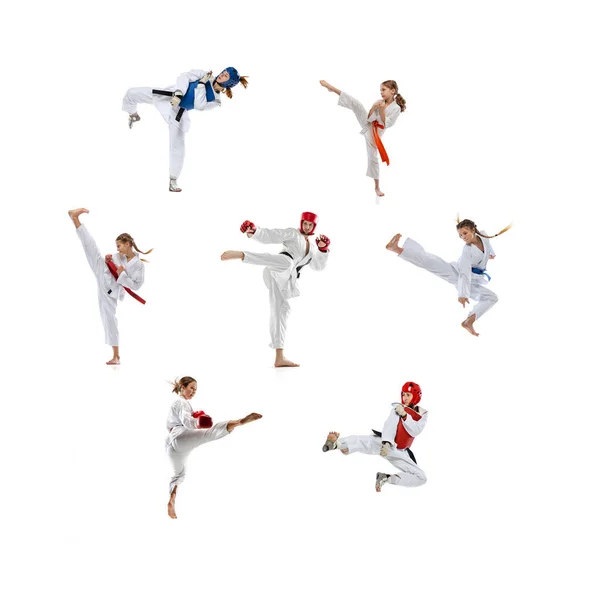 Leg Kicks Power Strength Collage Young Professional Sportsmen Taekwondo Fighters — Stock Photo, Image