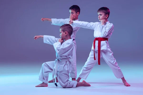 冲啊一组孩子 不同的男孩 跆拳道运动员穿着白色的道琼斯 在行动中被隔离在淡紫色的背景下 健康生活方式和广告的概念 — 图库照片