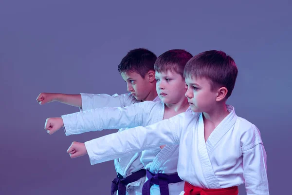 冲啊一组孩子 不同的男孩 跆拳道运动员穿着白色的道琼斯 在行动中被隔离在淡紫色的背景下 健康生活方式和广告的概念 — 图库照片