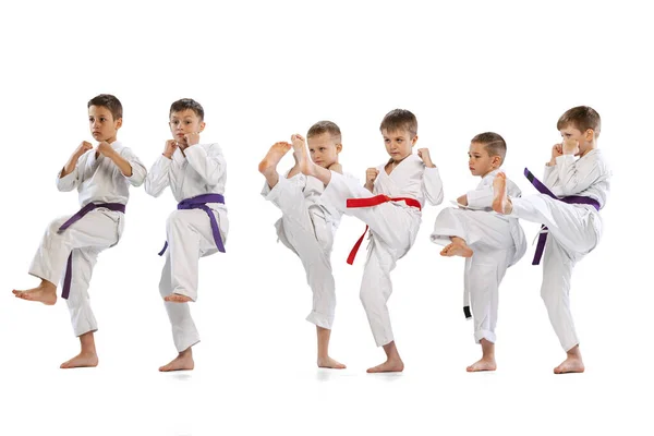 Allenamento Sportivo Bambini Piccoli Lottatori Karate Principianti Dobok Bianchi Che — Foto Stock