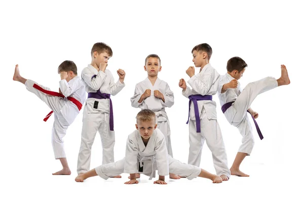 Allenamento Sportivo Bambini Piccoli Lottatori Karate Principianti Dobok Bianchi Che — Foto Stock