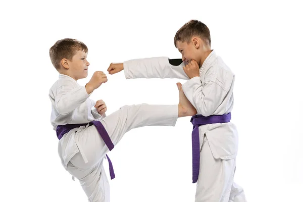 Leg Kick Portrait Two Little Boys Taekwondo Karate Athletes Wearing — Stock Photo, Image
