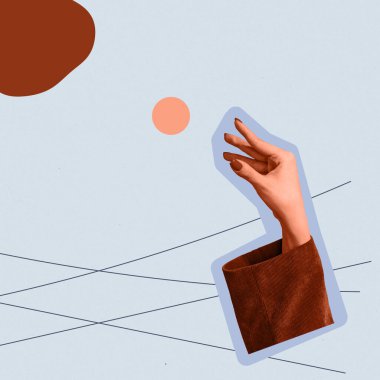 Parmakların hafif dokunuşu. Sevgi ve ilgi. Çağdaş sanat kolajı. Modern tasarım moda renklerde çalışır. Şefkatli insan elleri. Şık ve moda kompozisyon, gençlik kültürü.