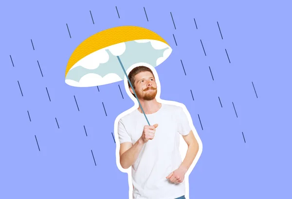 Humeur Pluvieuse Jeune Homme Rêveur Debout Avec Parapluie Citron Dessiné — Photo