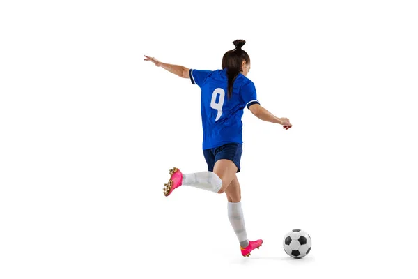 Energii Dynamický Portrét Ženského Profesionálního Fotbalu Fotbalista Cvičící Izolovaně Bílém — Stock fotografie