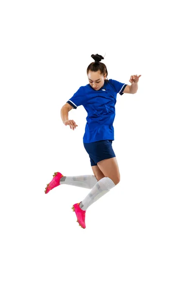 Estúdio Tiro Futebol Feminino Jovem Treino Jogador Futebol Isolado Fundo — Fotografia de Stock