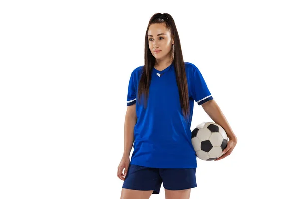 Retrato Meia Duração Mulher Jovem Futebol Feminino Jogador Futebol Posando — Fotografia de Stock