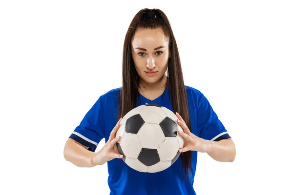 Zwycięzca Portret Młodej Kobiety Kobieca Piłka Nożna Piłkarz Pozujący Białym — Zdjęcie stockowe