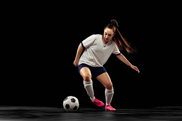 Dribbling One Caucasian Energetic Woman Soccer Football Player Motion Isolated — Stock Photo, Image
