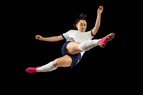 Flight One Caucasian Energetic Woman Soccer Football Player Motion Isolated — Stock Photo, Image