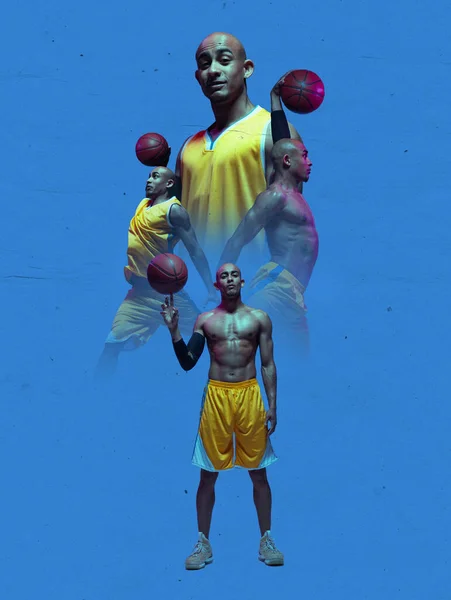 Cartel Deportivo Collage Creativo Con Joven Jugador Baloncesto Profesional Masculino —  Fotos de Stock