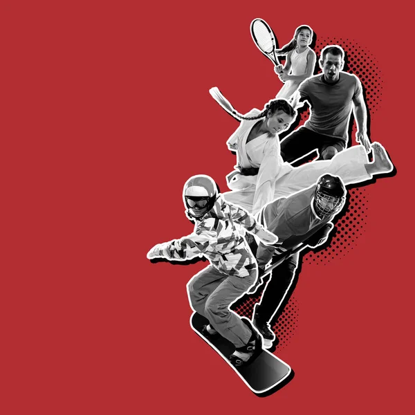 Ténis Karaté Futebol Snowboard Colagem Desportiva Gráficos Cartaz Pessoas Diferentes — Fotografia de Stock