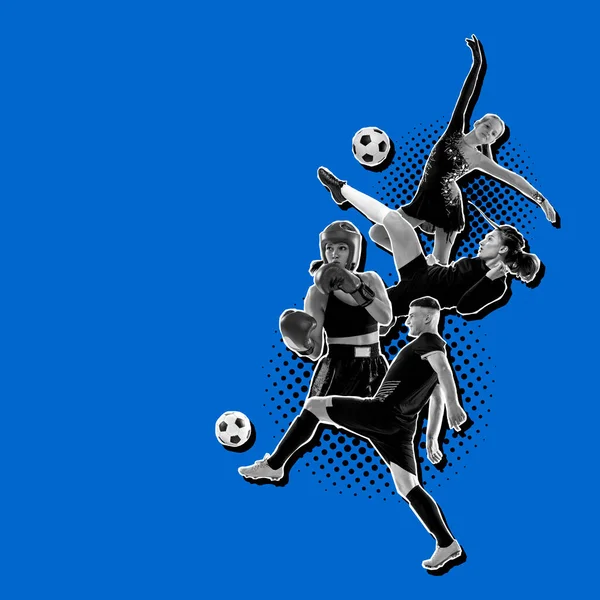 Male and female soccer players, boxer and gymnast. Poster graphics. Sportive men and women isolated on blue background. Concept of sport, action, art, creativity, magazine style. Copy space for ad
