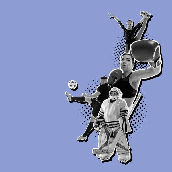 Colagem Com Jogador Futebol Boxeador Hóquei Ginasta Gráficos Cartaz Homens — Fotografia de Stock