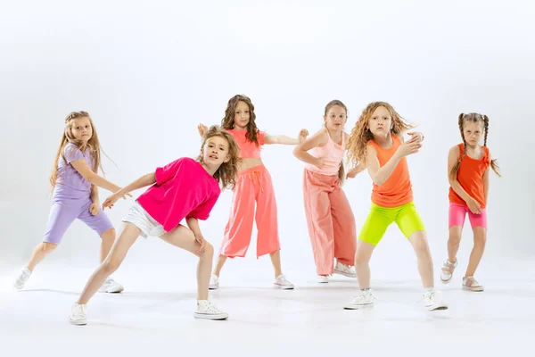 Contemporary Dances Happy Sportive Little Girls Kids Bright Colorful Clothes — Stock Photo, Image