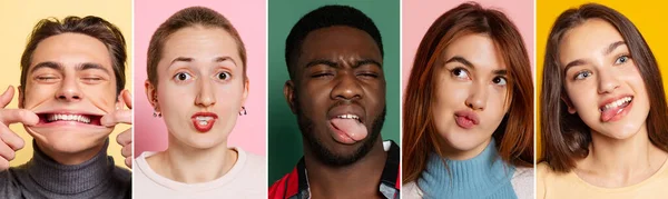 Jovens Colagem Feita Com Retratos Diferentes Jovens Engraçados Grimace Isolado — Fotografia de Stock