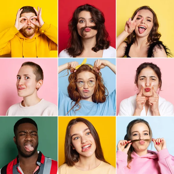 Making Faces Having Fun Set Portraits Different Multiethnic Models Multicolored — Stock Photo, Image