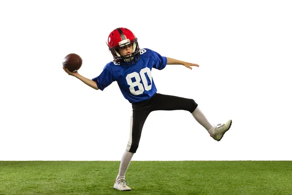 Workout Sportive Little Boy Sports Uniform Equipment Playing American Football — Stock Photo, Image