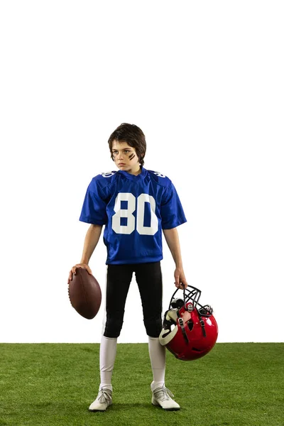 Ein Sportlicher Junge American Football Spieler Blauer Sportuniform Und Schutzausrüstung — Stockfoto