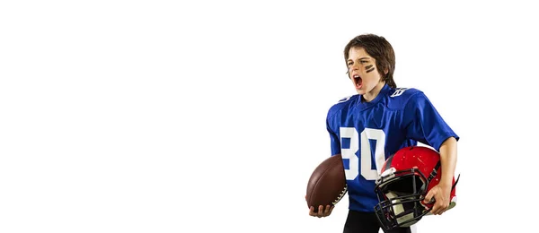 Siegergefühle Kleiner Junge Amerikanischer Fußballanfänger Sportuniform Und Helmtraining Isoliert Auf — Stockfoto